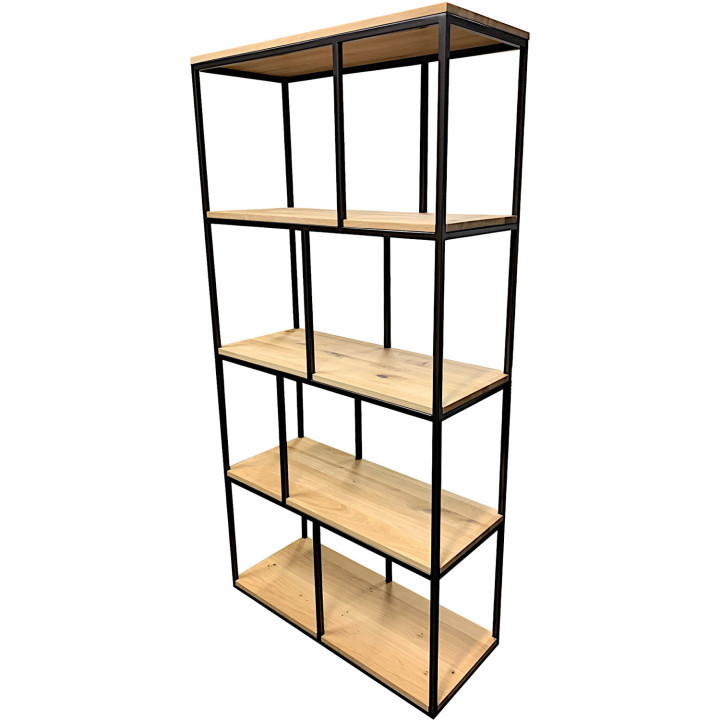 Double metal and oak bookcase