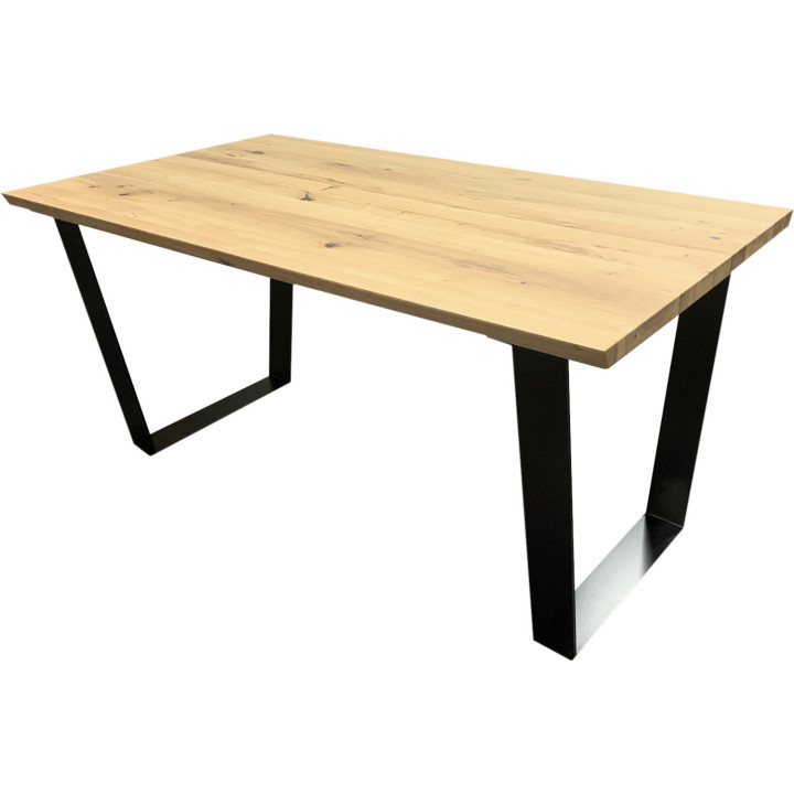 Rectangular solid oak dining table with metal legs