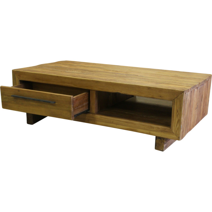 Table basse teck massif recyclé 2 tiroirs 1 niche foresta