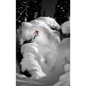 Skieur poudreuse en veste orange sur toile