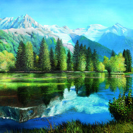 Tela su telaio lago di montagna e riflessi
