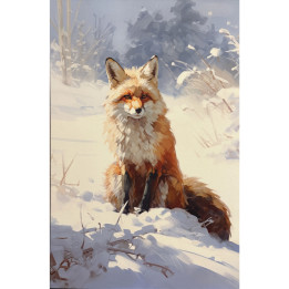 Fox sitting in the snow, canvas on stretcher frame