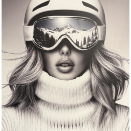 Woman in white helmet with mountain reflections on dibond