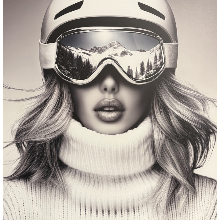 Woman in white helmet with mountain reflections on dibond