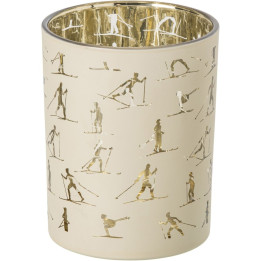 Beige/gold glass candle holder with skiers