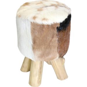 Pouf rotondo in pelle di capra con gambe in legno – pezzo unico