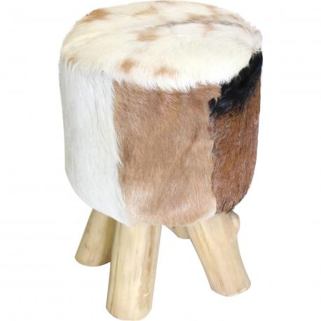 Pouf rotondo in pelle di capra con gambe in legno – pezzo unico