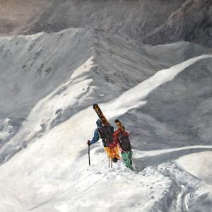 Quadro sci alpinismo sulla cresta innevata