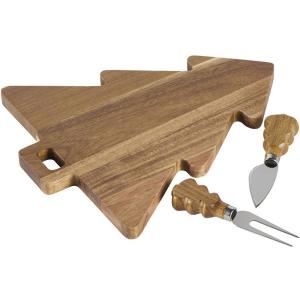 Tagliere in acacia a forma di abete con 2 coltelli da formaggio