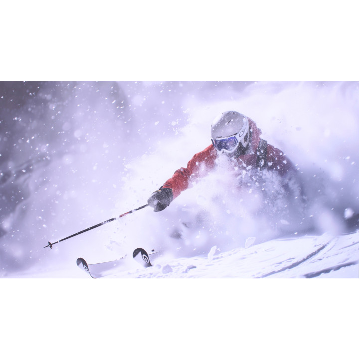 Sciatore nella neve fresca stampa su dibond