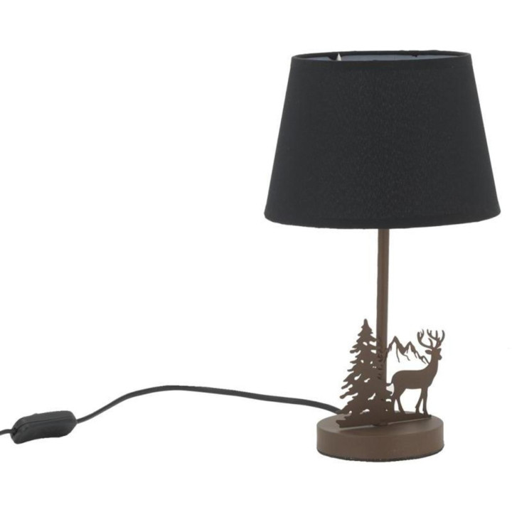Brown metal lamp with deer and fir tree