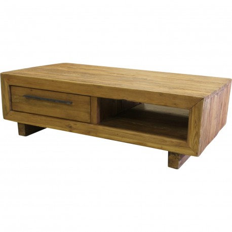 Table basse teck massif recyclé 2 tiroirs 1 niche foresta