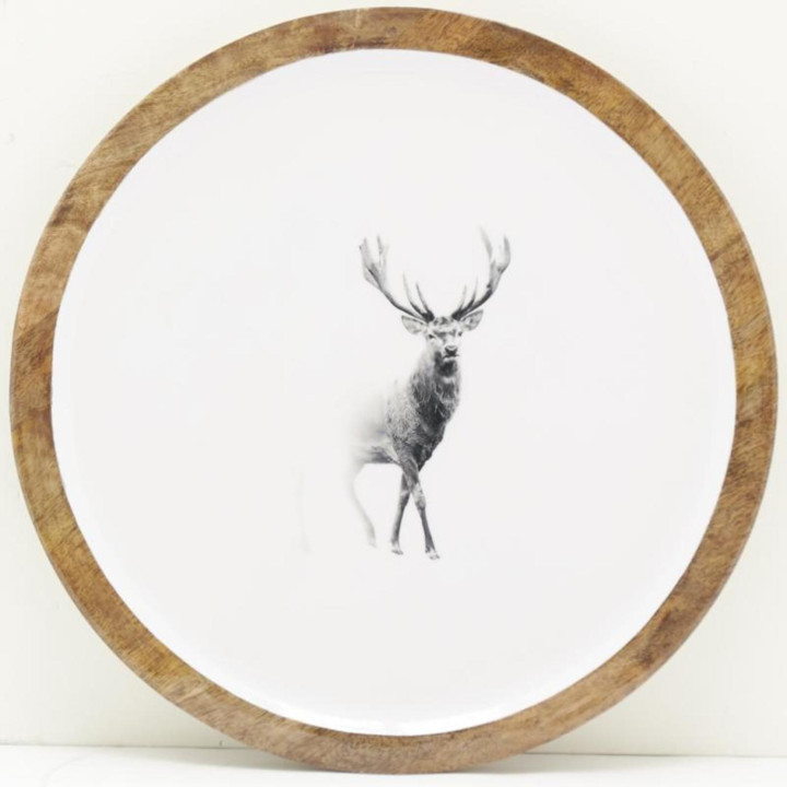 Vassoio rotondo in legno di mango laccato con cervo