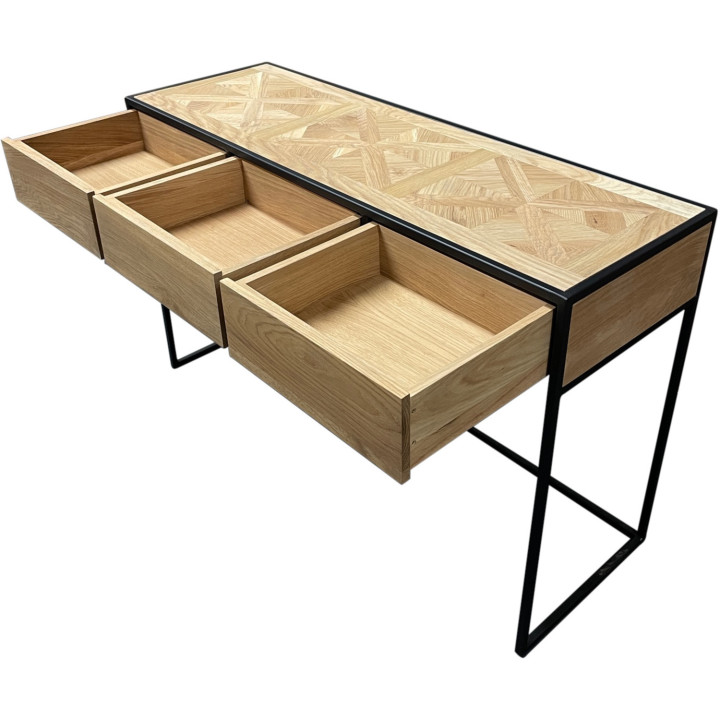 Console 3 cassetti rovere intarsiato e gambe in metallo