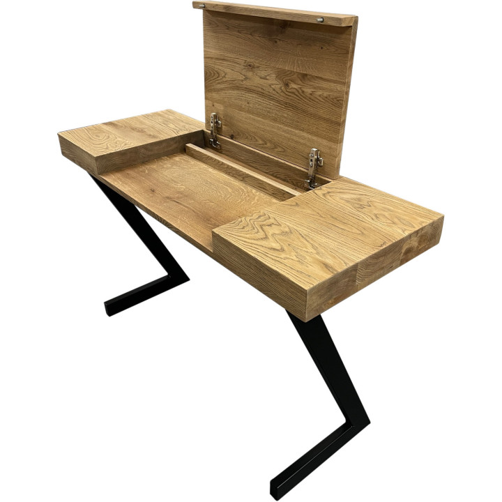 Solid oak and metal-leg desk with fold-out shelf