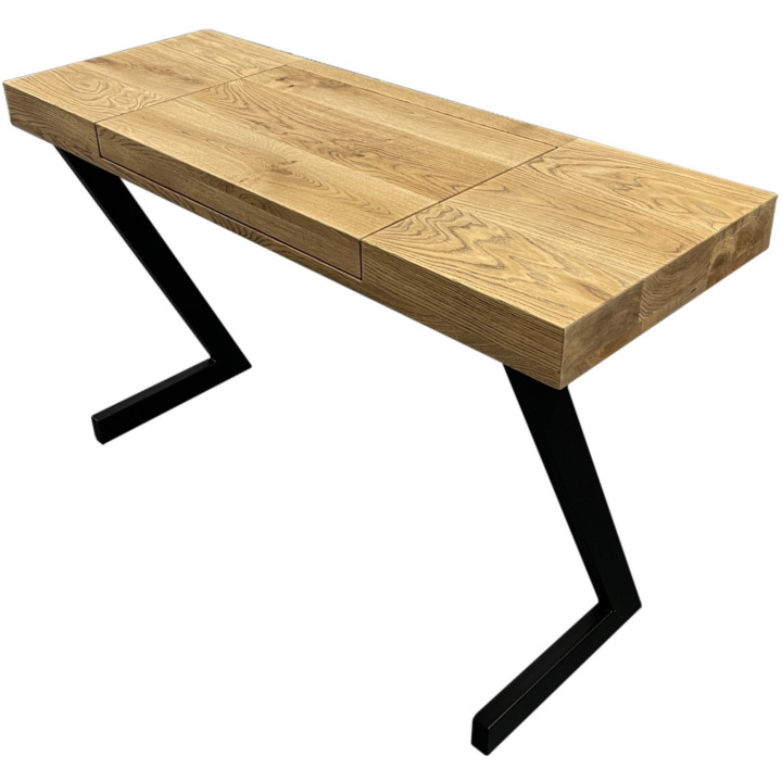 Solid oak and metal-leg desk with fold-out shelf