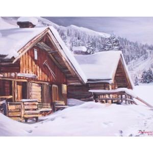 Toile sur chassis village sous la neige